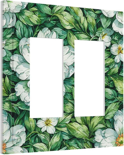 Vintage Floral White Flowers Green Plants Leaves Decorative Outlet Covers 2 Gang Double GFCI Rocker Light Switch Cover Plate Electrical Wall Panels for Bedroom Bathroom Decor