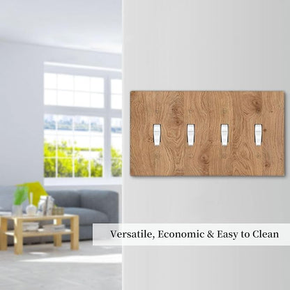 Light Switch Covers Vintage Rustic Wood Color Brown Wood Grain Quad Toggle 4 Gang Wall Plate Electrical Faceplate Decorative Switch Plates for Farmhouse Cabin Decor