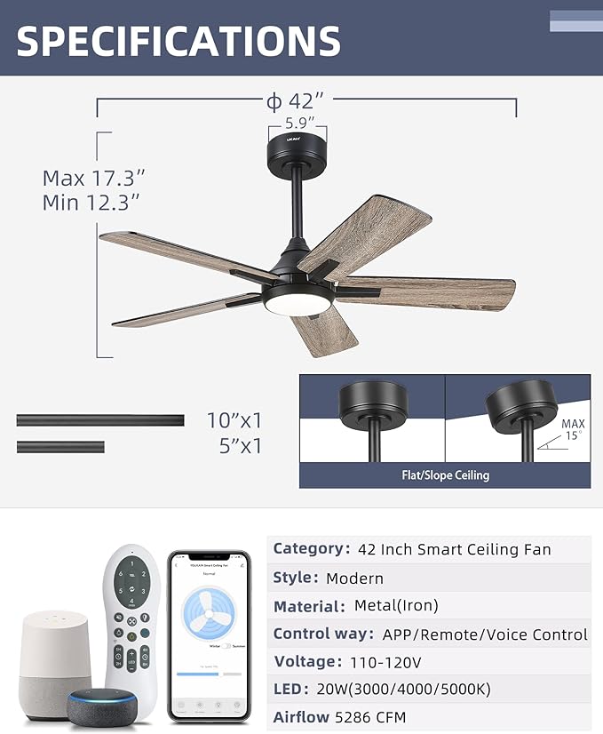 YOUKAIN Ceiling Fans with Lights, 42 Inch Black Ceiling Fans, Smart Ceiling Fan Works with Voice Control & Remote Control, Reversible Blades, Modern Led Ceiling Fan for Bedroom, 42-YJ812-BK