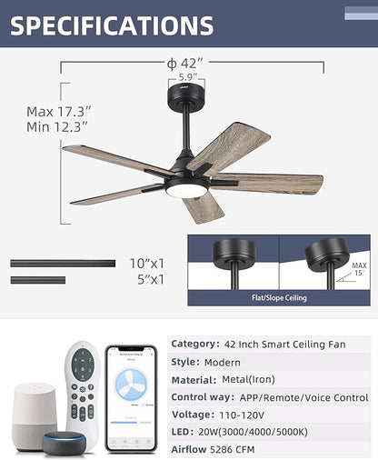 YOUKAIN Ceiling Fans with Lights, 42 Inch Black Ceiling Fans, Smart Ceiling Fan Works with Voice Control & Remote Control, Reversible Blades, Modern Led Ceiling Fan for Bedroom, 42-YJ812-BK