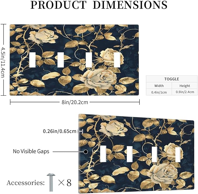 Light Switch Covers Boho Vintage Floral Golden Flower Dark Blue Background Quad Toggle Electrical Faceplate 4 Gang Wall Plate Decorative Switch Plates for Bedroom living Room Decor