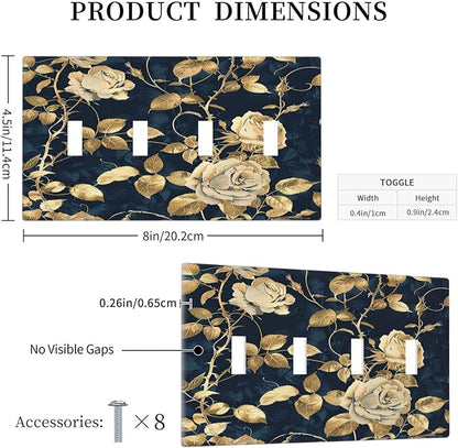 Light Switch Covers Boho Vintage Floral Golden Flower Dark Blue Background Quad Toggle Electrical Faceplate 4 Gang Wall Plate Decorative Switch Plates for Bedroom living Room Decor