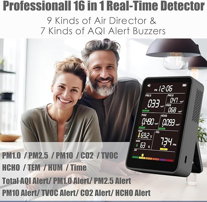Professional Indoor Air Quality Monitor with AQI, Portable Real-Time Detector for Home Cars Plants and Pets (Black)