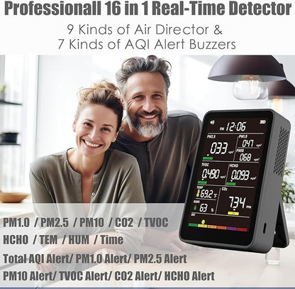 Professional Indoor Air Quality Monitor with AQI Beep Alarms, Portable Real-Time Detector for Home Cars Plants and Pets (Black)
