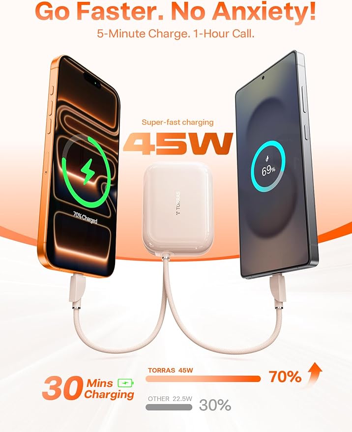 TORRAS EasyGo Portable Charger, 45W Fast Charging 10000mAh Power Bank [Travel & Daily Essentials] Built in Cable USB C, Phone Battery Pack Powerbank for iPhone Air/17/16/15 Series, Samsung, iPad etc