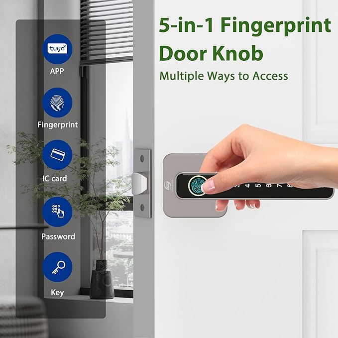 Smart Door Lock, Fingerprint Door Knob, 5 in 1 Digital Knob APP/Keypad Code/IC Cards/Fingerprint/Keys, for Home Hotel Apartment Office