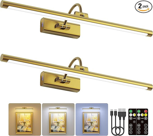 2 Pack 24" Brass Gallery Picture Lights - 8000mAh Rechargeable Battery Powered Wireless Lighting for Large Gallery, Museum & Living Room
