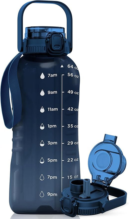 AQUAFIT 64 oz Water Bottle with Time Marker - 2in1 Straw & Chug Lid - BPA Free Big Water Bottle with Straw - Gym Water Bottle with Strap - Water Jug (64 Ounces, Nebula)