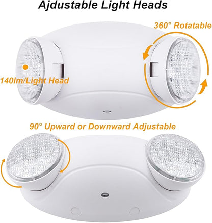 LIT-PaTH LED Emergency Lighting Fixtures with 2 LED Bug Eye Heads and Back Up Batteries- US Standard Exit Light, UL 924 and CEC Qualified, 120/277 Voltage, White, 2-Pack