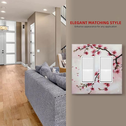 Branch with Pink Flowers Dual Outlet Covers Wall Plate 2 Gang Rocker Decora Decorative Switchplate Electrical Faceplate GFCI Light Switch Covers for Farmhouse Living Decor