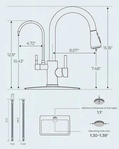 FORIOUS Kitchen Faucets with Water Filter, 2 in 1 Stainless Steel Pull Down Sink Faucet and Purfied Water Faucet High Arc Single Handle with Detachable Deck for 1 or 3 Hole, Brushed Nickel