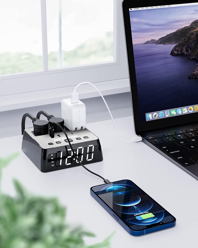 Alarm Clock with USB Charger JACKYLED Power Strip Total 4.8A USB Ports LED Full Screen Surge Protector 6.5ft Cord 4 Dimmer for Heavy Sleepers Compatible with Phone Tablet Computer Black Silver