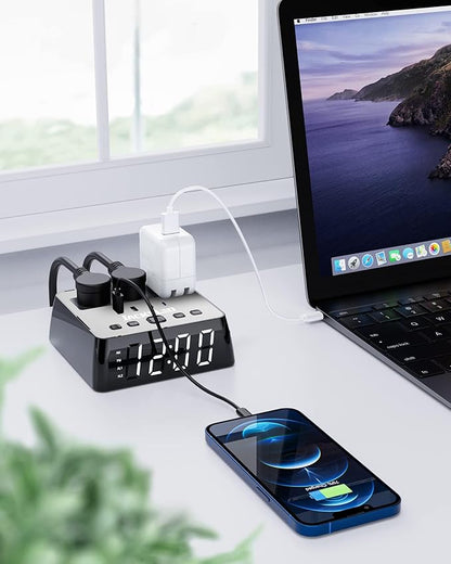 Alarm Clock with USB Charger JACKYLED Power Strip Total 4.8A USB Ports LED Full Screen Surge Protector 6.5ft Cord 4 Dimmer for Heavy Sleepers Compatible with Phone Tablet Computer Black Silver