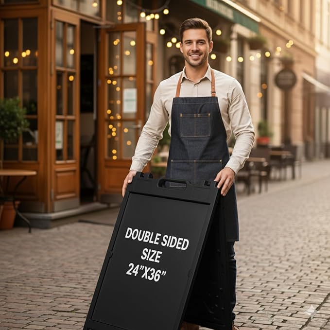 Deluxe A-Frame Sidewalk Sign, White, Double-Sided Display Board with Water-Fillable Base, 24x36 Inch Poster Size, Weather-Resistant PE Plastic (Black)