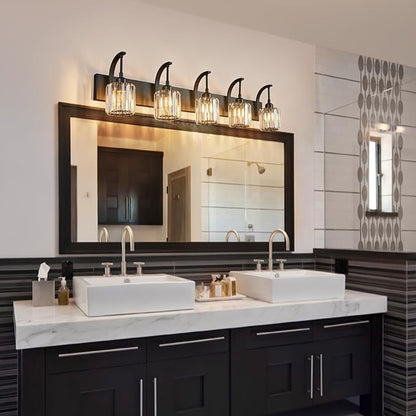 5-Light Crystal Vanity Light, Modern Black Bathroom Wall Sconce with K9 Crystal Shades, 42.51" Long Over Mirror Lighting for Vanity, Makeup, Hallway, Elegant & Easy Installation