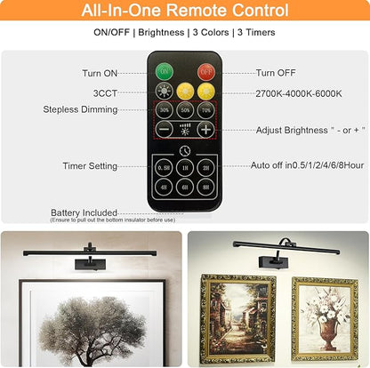 Picture Light Battery Operated with Remote, 3CCT Dimmable Picture Light for Paintings, Black Rechargeable 24 inch Battery Operated Wall Sconce for Art Lighting Gallery Portrait Artwork