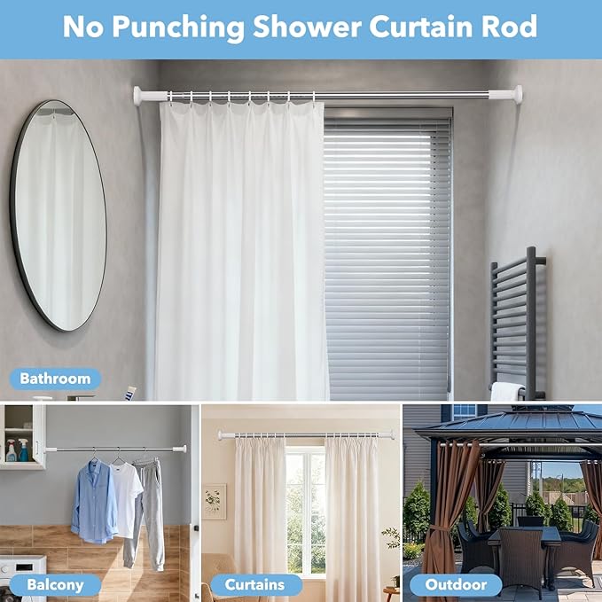 Tension Curtain Rod 51–168 In (4.25–14 ft),Extra Long Outdoor Curtain Rod for Window or Bathroom Patio,Easy to Install No Drilling Never Rust,Heavy Duty Adjustable Spring Shower Rod