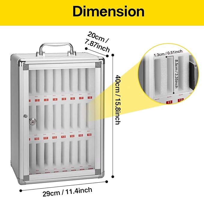 24-Slot Cell Phone Locker - Storage Cabinet for Classroom, Wall Mount Organizer With Key, Aluminum Pocket Chart for Offices, Schools and Factories
