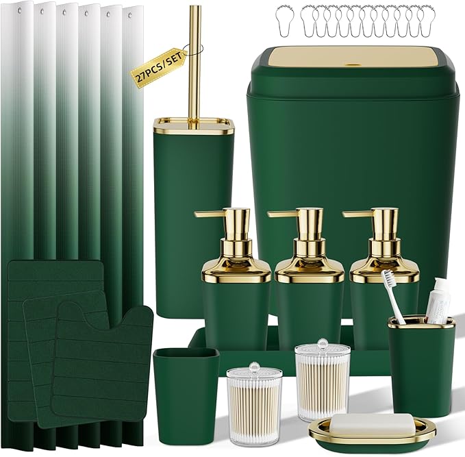 Bathroom Sets with Shower Curtain and Rugs, 27PC Bathroom Accessory Set, Green Bathroom Set, Green and Gold Bathroom Accessories Set with Trash Can, Toilet Brush and Soap Dispensers