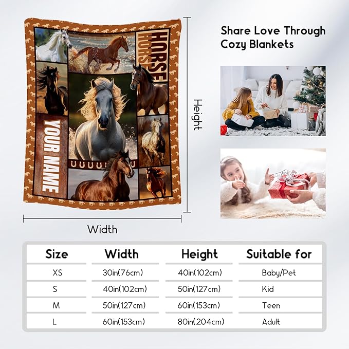 Custom Girls Blanket, Personalized Horse Gifts for Girl Ages 8-12 10-12, 30"x40" Kids Throw Blankets for Adults Women, Cowgirl Room Decor Western Throws for Animal Lovers