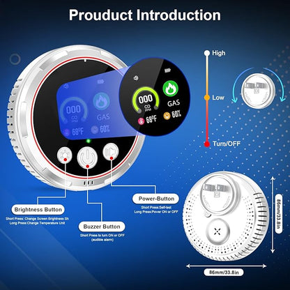 4 in 1 Carbon Monoxide Detectors Plug in, Real-Time Monitor CO & Gas Leak Detector with Temp/Humidity Display, Portable Carbon Monoxide (CO) Alarm Natural Gas Detector for Home, RV Camping Essentials