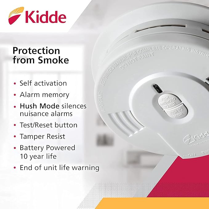 Kidde Smoke Detector, 10-Year Battery, LED Indicators, Replacement Alert, Test-Reset Button