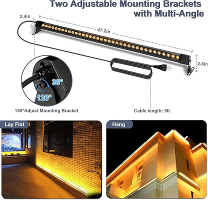 72W Outdoor Wall Washer Light, 4FT 2700K Warm White LED Wall Washer Lights, 120V IP67 Waterproof LED Light Bar for Outdoor, Plug-in (2 Pack)