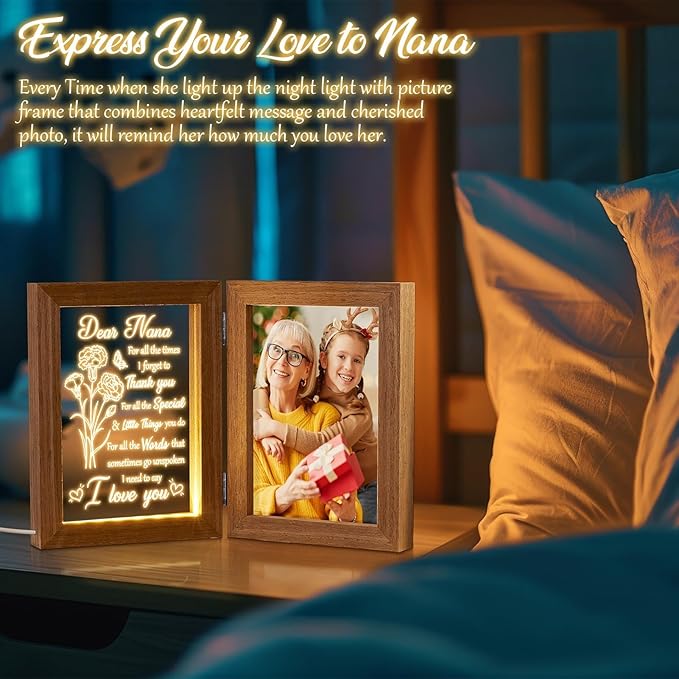 Christmas Grandma Gifts from Grandkids Granddaughter Grandson, Engraved Night Light with Nana Picture Frame 5x7, Nana Gifts Personalized Gift for Grandma Mimi Gigi Granny Grandmother Birthday Gift