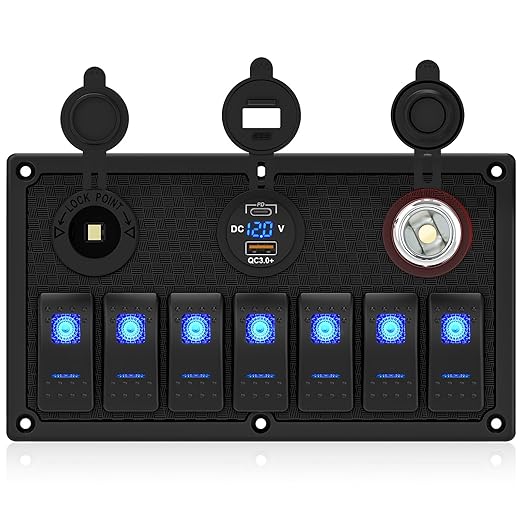 Marine Boat Rocker Switch Panel,Waterproof 7 Gang Toggle Switch Panel with Dual USB and Voltmeter Panel for RVs, Cars, Boats, Trucks,Trailers - 12-24V