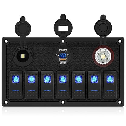 Marine Boat Rocker Switch Panel,Waterproof 7 Gang Toggle Switch Panel with Dual USB and Voltmeter Panel for RVs, Cars, Boats, Trucks,Trailers - 12-24V