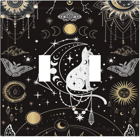 White Cat Tarot Moon Phases Moth Celestial Gothic Decorative Switch Plates 2 Gang Double Toggle Outlet Light Switch Cover Wall Plate Electrical Faceplate for Kids Room Bedroom Decor