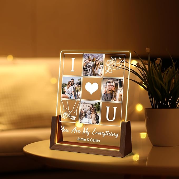 Customized Couple Birthday Gifts For Boyfriend Girlfriend Him Her, Custom Light Up Picture Frame Acrylic Plaque With Photo Name, Personalized Anniversary Wedding Christmas Gifts For Women Men