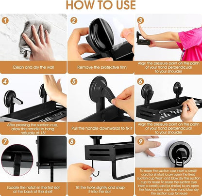 Shower Caddy Suction Cup, 11.8 inch Suction Shower Shelf with Hooks NO-Drilling Bathroom Holder, Rustproof Bathroom Organizer, Black