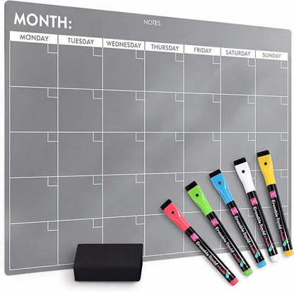 Fridge Calendar Acrylic 17x12”, Start Monday | Magnetic Calendar for Refrigerator | Acrylic Dry Erase Whiteboard Calendar for Fridge | Family Schedule Board with 5 Markers & Eraser by Freedom Mastery