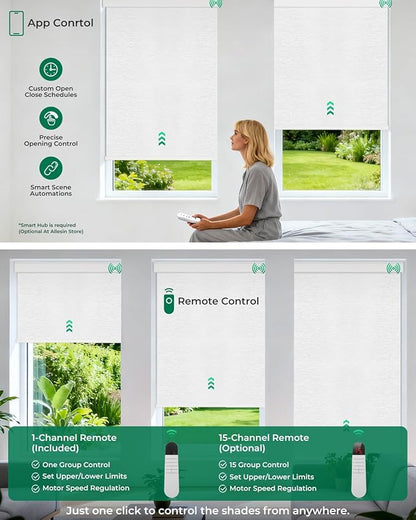 Allesin Motorized Roller Blinds – Rechargeable Smart Shades with Remote & Quiet Motor, Top/Bottom Aluminum Rails, Alexa-Compatible for Window (33" W x 72" H, 100% Blackout Cloud-Patterned)