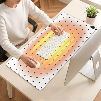 Heated Desk Pad Mouse Pad 31.5x13 Inch PU Leather Desk Mat with 3 Heat Levels Large Mouse Gaming Computer Laptop Mat Black Polka Dot White