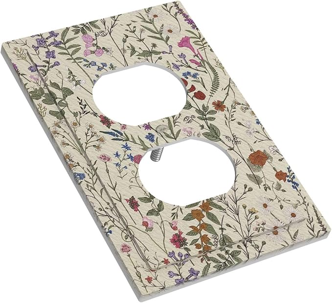 Decorative Switchplate Covers Beige Background Boho Red Flowers Plant Leaf Single Duplex Wall Plate Covers Light Switch Cover 1 Gang Outlet Plate Electrical Faceplate for Country Bedroom Decor