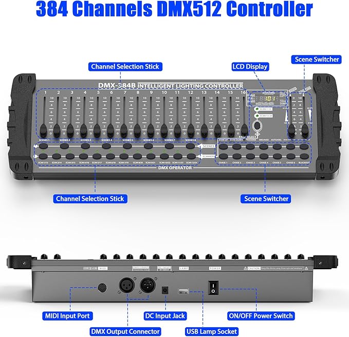 DJ Controller 384CH Fog DMX-512 DJ Controller Support 30 Banks 8 Scenes 24 fixtures Stage Lighting Console for Program Editing of DJ Lights Show Bar Club Live