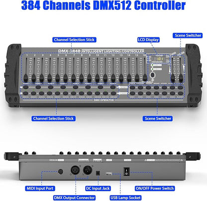 DJ Controller 384CH Fog DMX-512 DJ Controller Support 30 Banks 8 Scenes 24 fixtures Stage Lighting Console for Program Editing of DJ Lights Show Bar Club Live