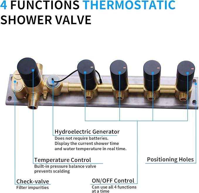 Matte Black Brass 4 Way Shower Diverter Valve Temperature Digital Display 4 in 1 Control Shower Mixing Valve Trim Kit Replacement, Flow Control