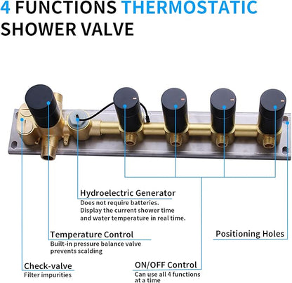 Matte Black Brass 4 Way Shower Diverter Valve Temperature Digital Display 4 in 1 Control Shower Mixing Valve Trim Kit Replacement, Flow Control