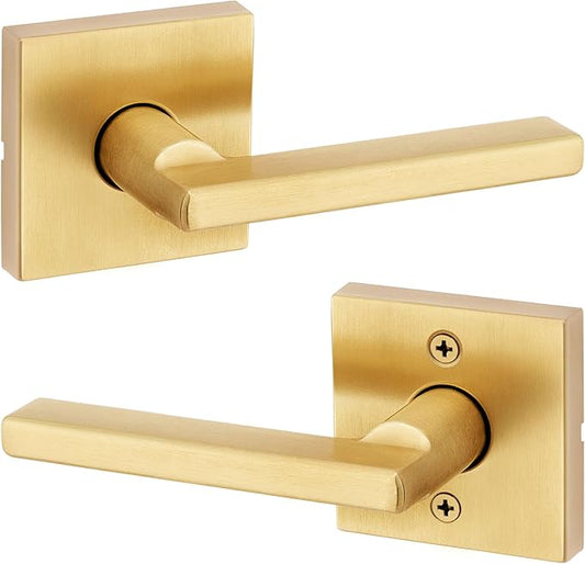 Kwikset Halifax Interior Passage Door Handle, Lever for Closet and Hallway Doors, Reversible Non-Locking Handle Lever, Satin Brass, with Microban Protection