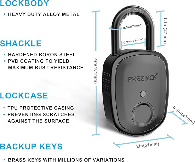 Smart Fingerprint Padlock with Key, Biometric Padlock with APP, Suitable for Outdoor and Heavy Duty, IP65 Waterproof.
