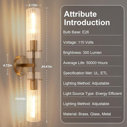 Brass Gold 2-Light Knurled Wall Sconce, Dual-Head Vanity Lamp Set of Two with Vertical Striped Glass Tube, Bathroom Wall Sconces, Wall Lights for Living Room Bedroom Hallway Kitchen Bathroom Mirror
