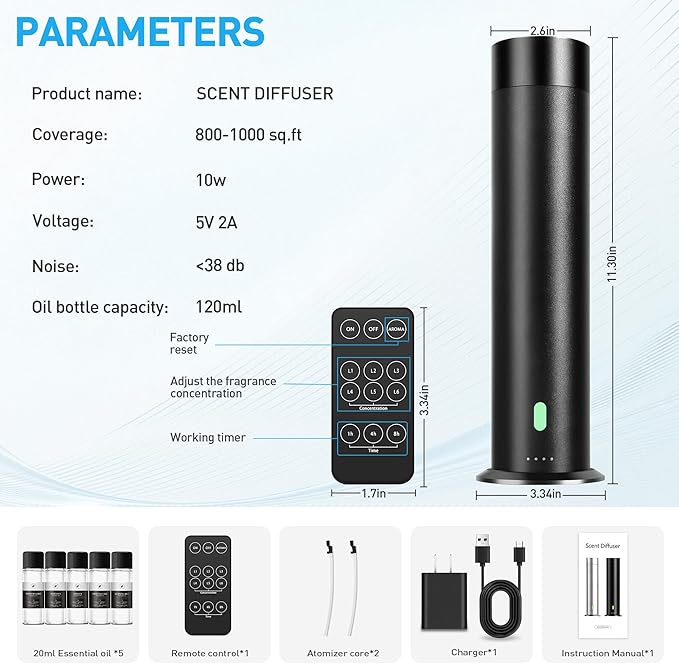 Waterless Scent Diffuser Starter Kit - 1000 Sq Ft Coverage, Hotel Scent Diffuser, Essential Oil Diffuser Large Room, Included 5 Scent Oils, Remote Control, SandGreen
