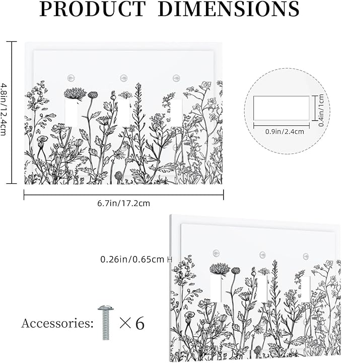 Decorative Switch Plates Floral Wildflower Rustic Plant Leaves 3 Gang Wall Plate Triple Toggle Light Switch Cover Faceplate Electrical Wall Panels For Farmhouse Cabin Decor