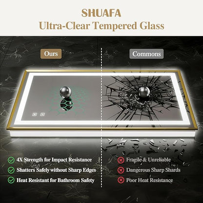 28X36 Inch LED Bathroom Mirror with Lights, Gold Frame Frontlit+ Backlit Bathroom Vanity Mirror for Wall, Ultra-Clear Tempered Glass, Shatter-Proof, Anti-Fog and Memory Function, ETL Listed