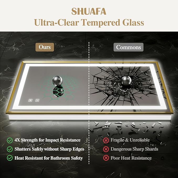 40X24 Inch LED Bathroom Mirror with Lights, Gold Frame Frontlit+ Backlit Bathroom Vanity Mirror for Wall, Ultra-Clear Tempered Glass, Shatter-Proof, Anti-Fog and Memory Function, ETL Listed