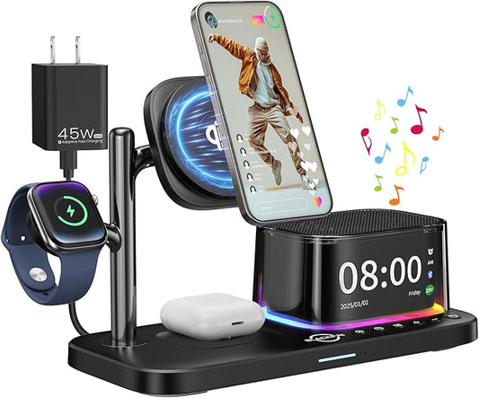 6-in-1 Wireless Charging Station for Multiple Apple Devices with Bluetooth Speakers Alarm Clock Night Light，Qi2.2 Phone Charger Stand for iPhone 17/16/15/14/13/12 Pro Max Apple Watch Airpods