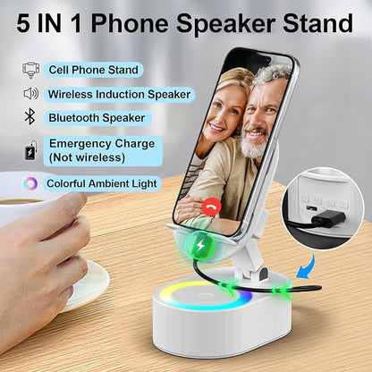 Wireless Induction Audio Bluetooth Speaker 5in1 Phone Holder Emergency Rechargeable (3000mAh) with Colorful Ambient Light 300° Foldable for Tablet iPhone Android, Gifts for Men Women (White)